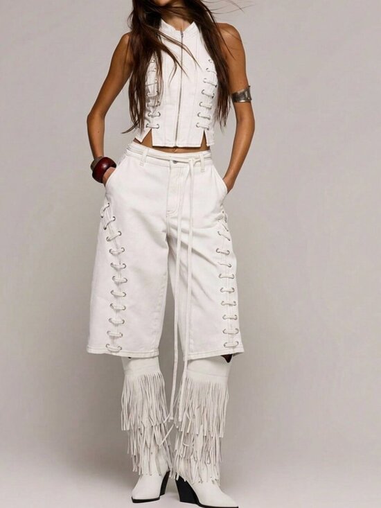 Denim - White Casual Women's Eyelet Lace Up Loose Fit Denim Jorts Bermuda shorts